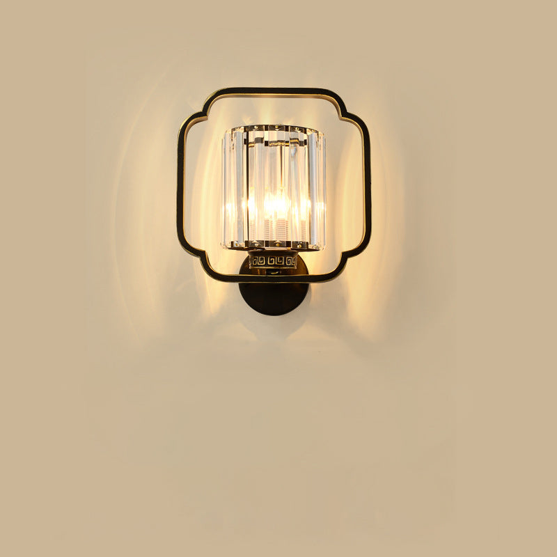 Traditional Chinese Cylinder Iron Crystal 2-Light Wall Sconce Lamp For Living Room