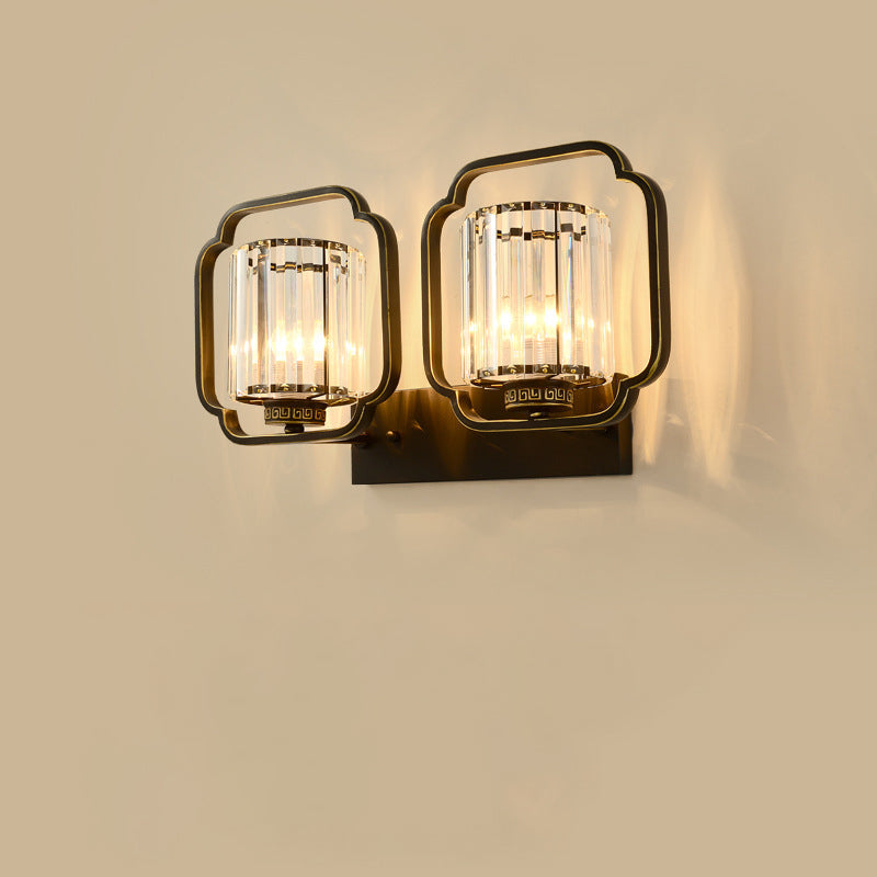 Traditional Chinese Cylinder Iron Crystal 2-Light Wall Sconce Lamp For Living Room