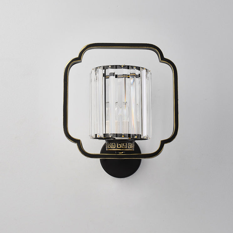 Traditional Chinese Cylinder Iron Crystal 2-Light Wall Sconce Lamp For Living Room