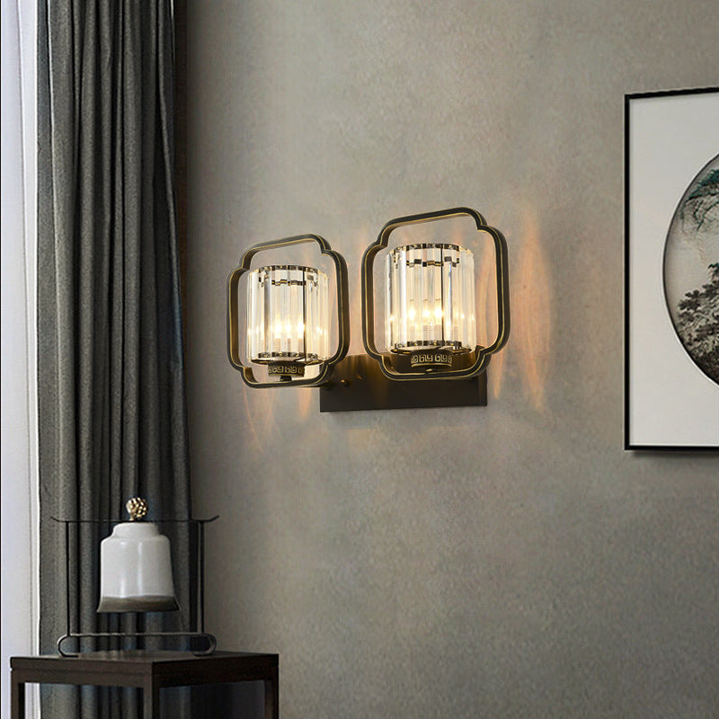 Traditional Chinese Cylinder Iron Crystal 2-Light Wall Sconce Lamp For Living Room