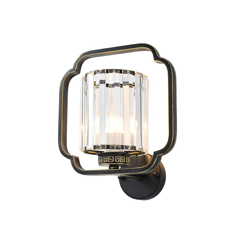 Traditional Chinese Cylinder Iron Crystal 2-Light Wall Sconce Lamp For Living Room