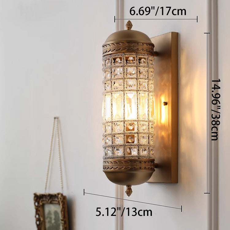 Traditional Vintage Cylinder Metal Crystal 1-Light Wall Sconce Lamp For Hallway
