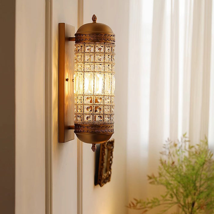 Traditional Vintage Cylinder Metal Crystal 1-Light Wall Sconce Lamp For Hallway