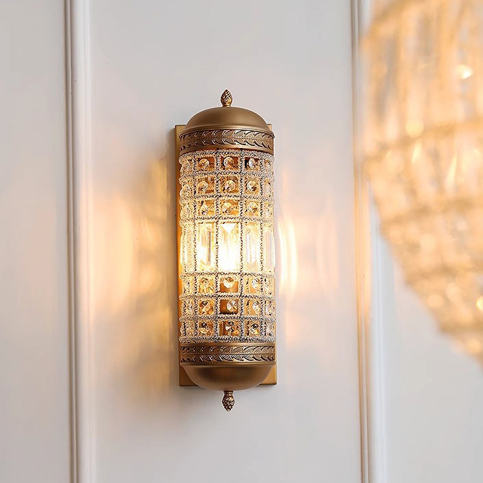 Traditional Vintage Cylinder Metal Crystal 1-Light Wall Sconce Lamp For Hallway