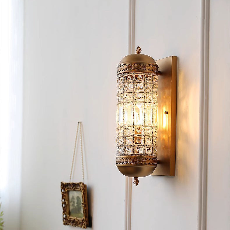 Traditional Vintage Cylinder Metal Crystal 1-Light Wall Sconce Lamp For Hallway