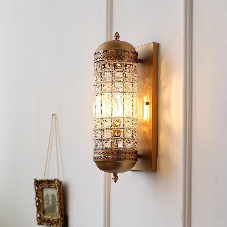 Traditional Vintage Cylinder Metal Crystal 1-Light Wall Sconce Lamp For Hallway