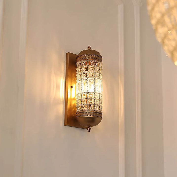 Traditional Vintage Cylinder Metal Crystal 1-Light Wall Sconce Lamp For Hallway