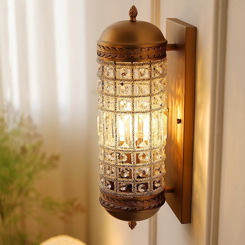 Traditional Vintage Cylinder Metal Crystal 1-Light Wall Sconce Lamp For Hallway