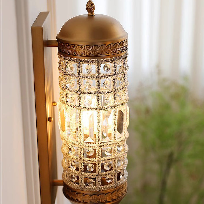 Traditional Vintage Cylinder Metal Crystal 1-Light Wall Sconce Lamp For Hallway