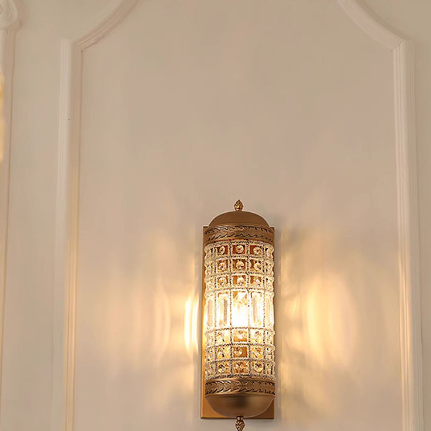 Traditional Vintage Cylinder Metal Crystal 1-Light Wall Sconce Lamp For Hallway