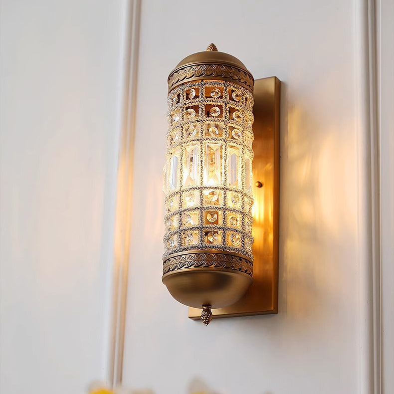 Traditional Vintage Cylinder Metal Crystal 1-Light Wall Sconce Lamp For Hallway