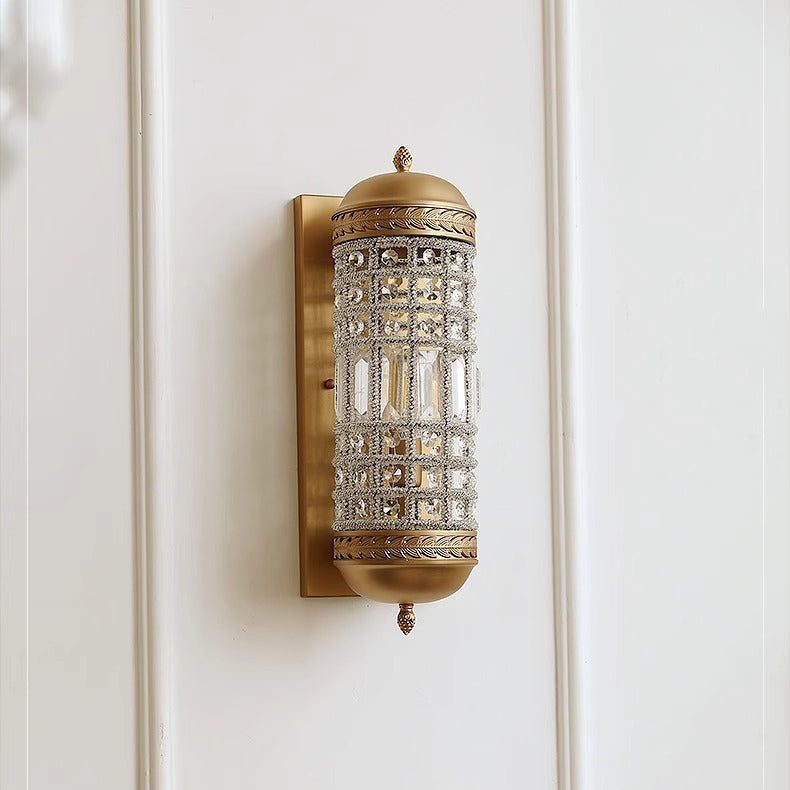 Traditional Vintage Cylinder Metal Crystal 1-Light Wall Sconce Lamp For Hallway