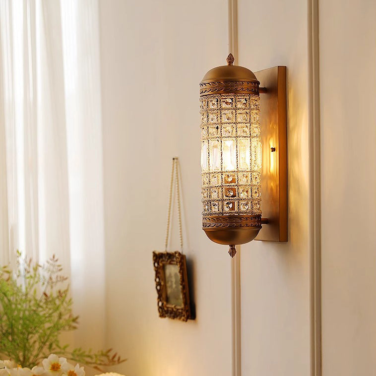 Traditional Vintage Cylinder Metal Crystal 1-Light Wall Sconce Lamp For Hallway