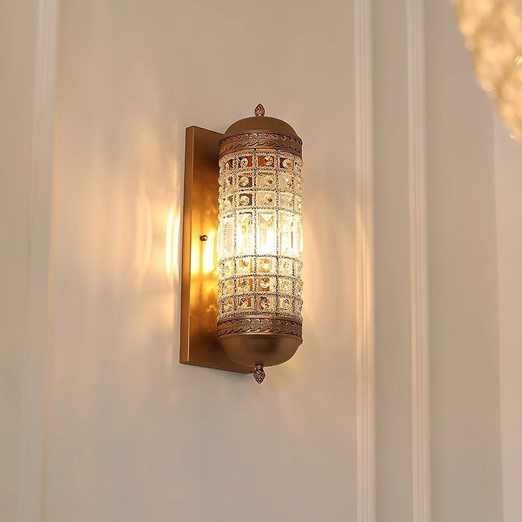 Traditional Vintage Cylinder Metal Crystal 1-Light Wall Sconce Lamp For Hallway