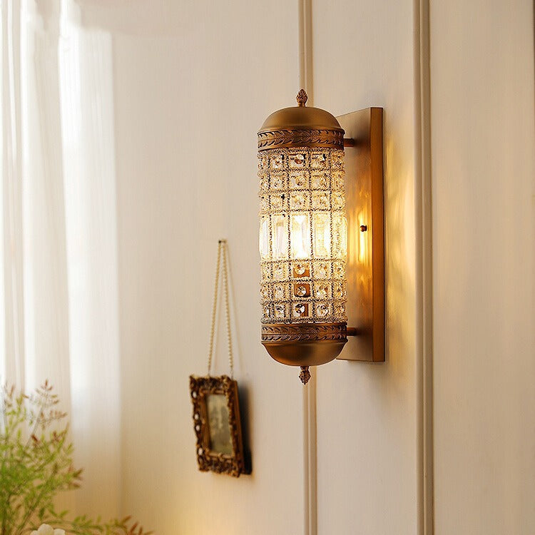 Traditional Vintage Cylinder Metal Crystal 1-Light Wall Sconce Lamp For Hallway