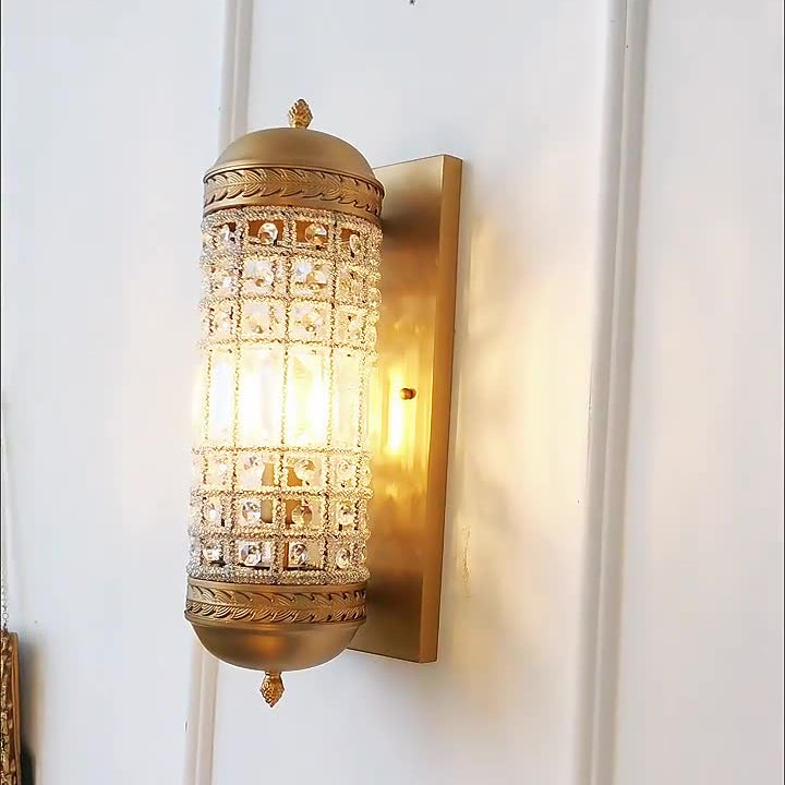 Traditional Vintage Cylinder Metal Crystal 1-Light Wall Sconce Lamp For Hallway