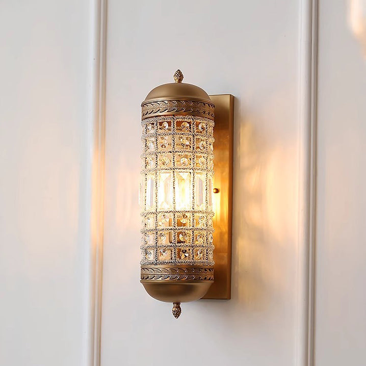 Traditional Vintage Cylinder Metal Crystal 1-Light Wall Sconce Lamp For Hallway