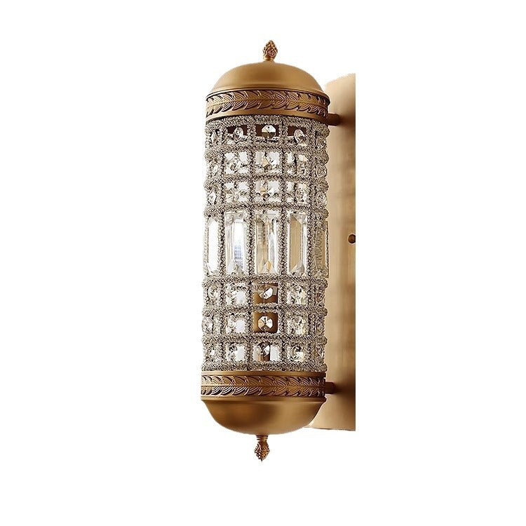 Traditional Vintage Cylinder Metal Crystal 1-Light Wall Sconce Lamp For Hallway