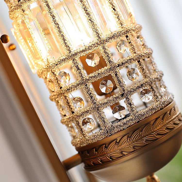 Traditional Vintage Cylinder Metal Crystal 1-Light Wall Sconce Lamp For Hallway