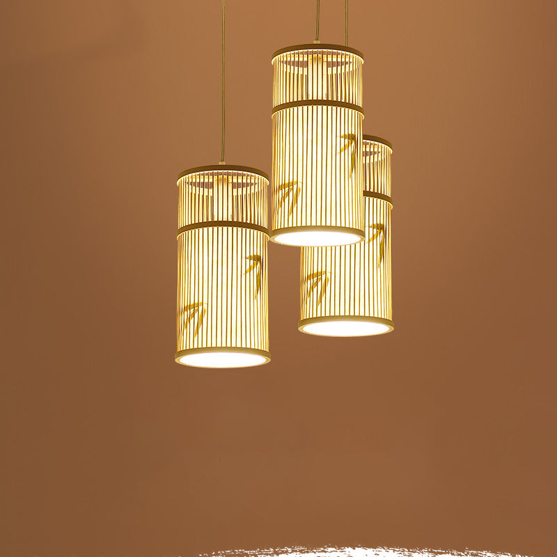 Traditional Chinese Cylinder Bamboo 1-Light Pendant Light For Living Room