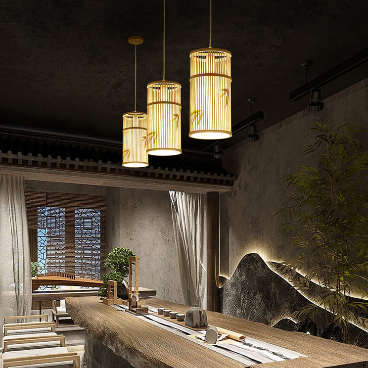 Traditional Chinese Cylinder Bamboo 1-Light Pendant Light For Living Room