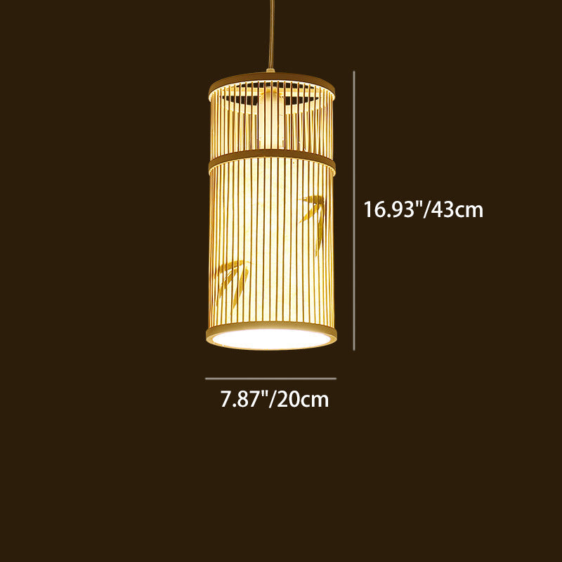 Traditional Chinese Cylinder Bamboo 1-Light Pendant Light For Living Room
