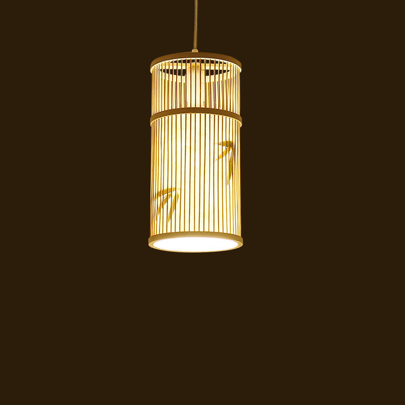 Traditional Chinese Cylinder Bamboo 1-Light Pendant Light For Living Room