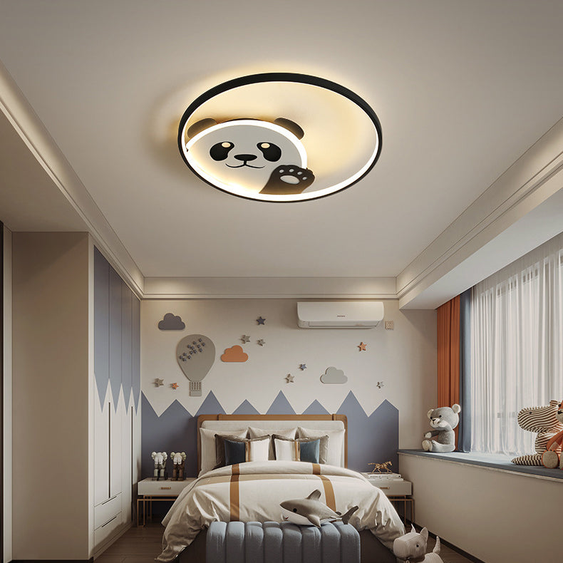 Contemporary Creative Kids Cartoon Panda Iron LED Flush Mount Ceiling Light For Bedroom