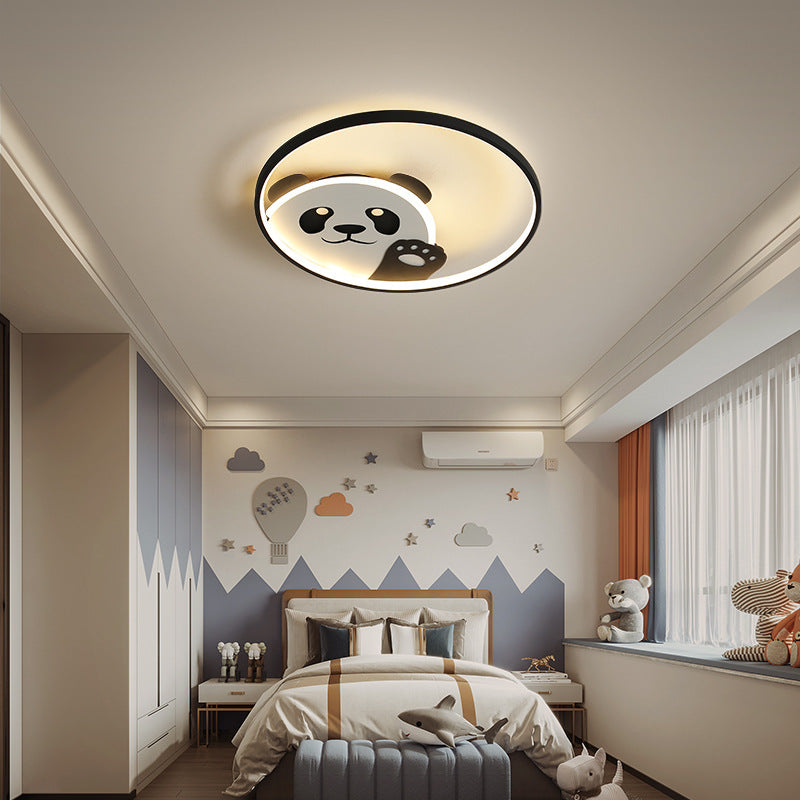 Contemporary Creative Kids Cartoon Panda Iron LED Flush Mount Ceiling Light For Bedroom
