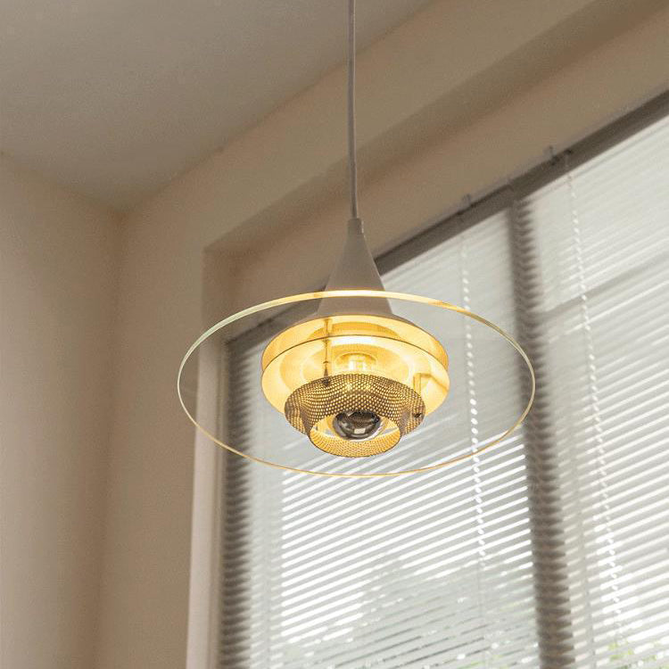Contemporary Scandinavian Flying Saucer Iron Glass 1-Light Pendant Light For Living Room