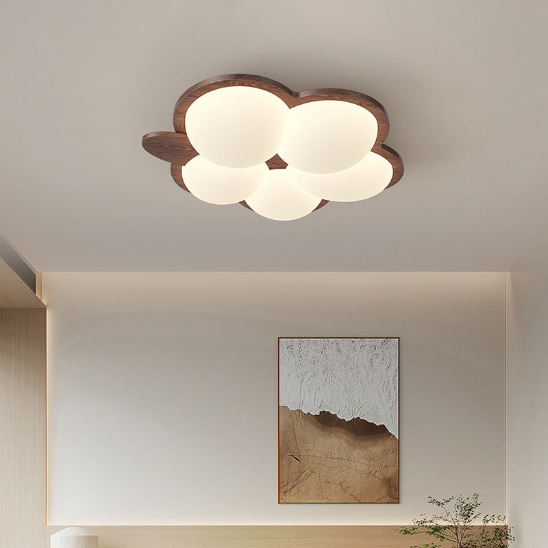 Contemporary Creative Flower Rubberwood PE LED Flush Mount Ceiling Light For Bedroom