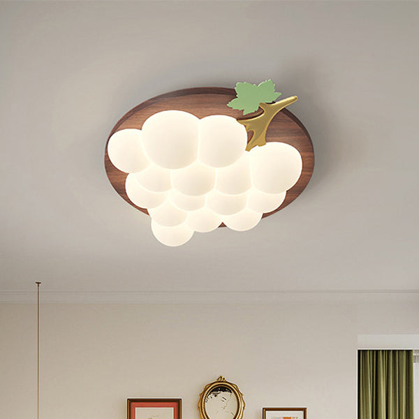 Contemporary Creative Grape Solid Wood Iron PE LED Flush Mount Ceiling Light For Bedroom