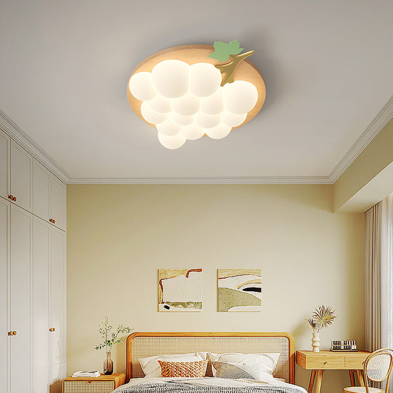 Contemporary Creative Grape Solid Wood Iron PE LED Flush Mount Ceiling Light For Bedroom