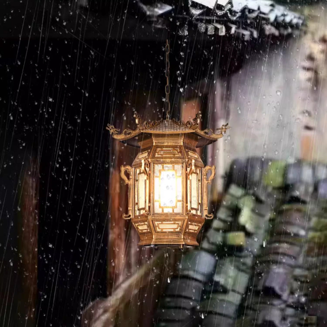 Traditional Chinese Lantern Aluminum PVC 1-Light Pendant Light For Outdoor Patio