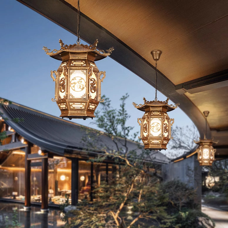 Traditional Chinese Lantern Aluminum PVC 1-Light Pendant Light For Outdoor Patio