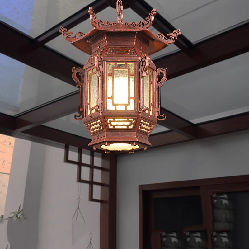Traditional Chinese Lantern Aluminum PVC 1-Light Pendant Light For Outdoor Patio