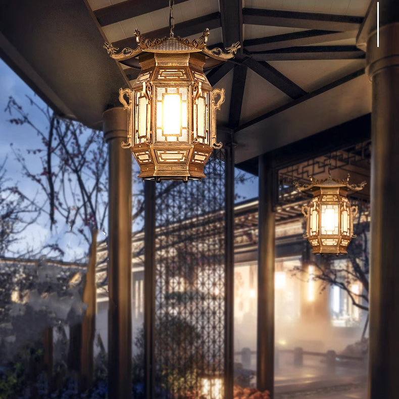 Traditional Chinese Lantern Aluminum PVC 1-Light Pendant Light For Outdoor Patio
