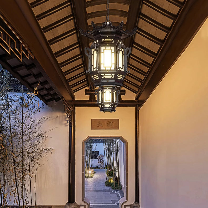 Traditional Chinese Lantern Aluminum PVC 1-Light Pendant Light For Outdoor Patio