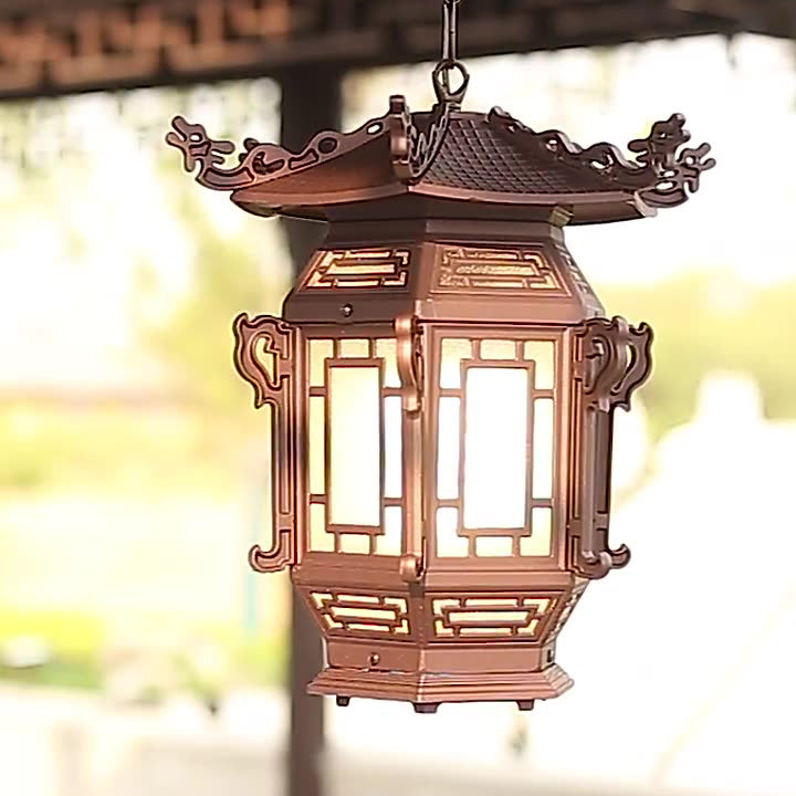 Traditional Chinese Lantern Aluminum PVC 1-Light Pendant Light For Outdoor Patio