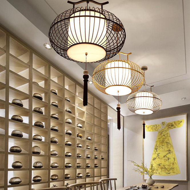 Traditional Chinese Globe Iron Fabric 2-Light Pendant Light For Living Room