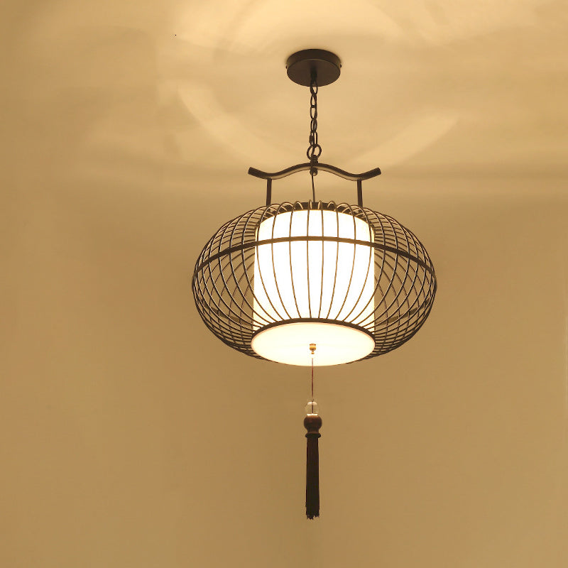 Traditional Chinese Globe Iron Fabric 2-Light Pendant Light For Living Room
