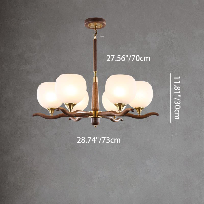 Traditional Chinese Sphere Copper Solid Wood Glass 6/8 Light Chandelier For Living Room