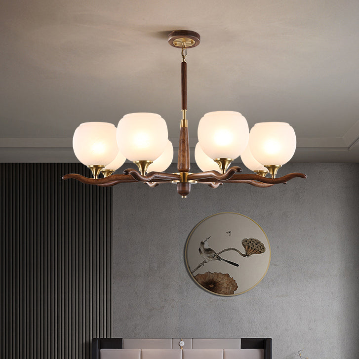 Traditional Chinese Sphere Copper Solid Wood Glass 6/8 Light Chandelier For Living Room