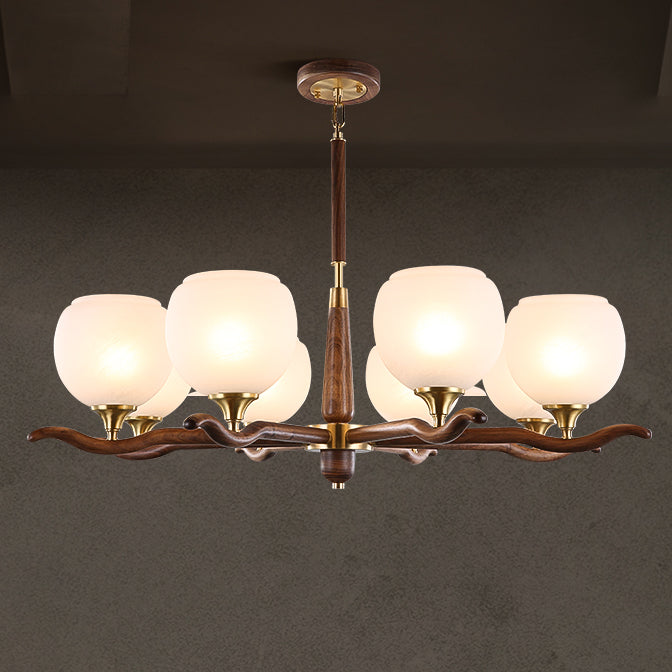 Traditional Chinese Sphere Copper Solid Wood Glass 6/8 Light Chandelier For Living Room
