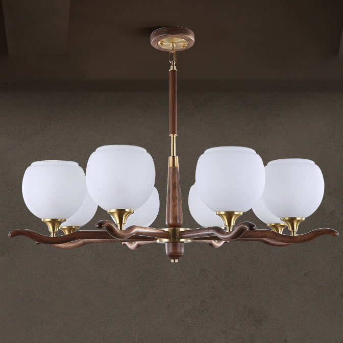 Traditional Chinese Sphere Copper Solid Wood Glass 6/8 Light Chandelier For Living Room