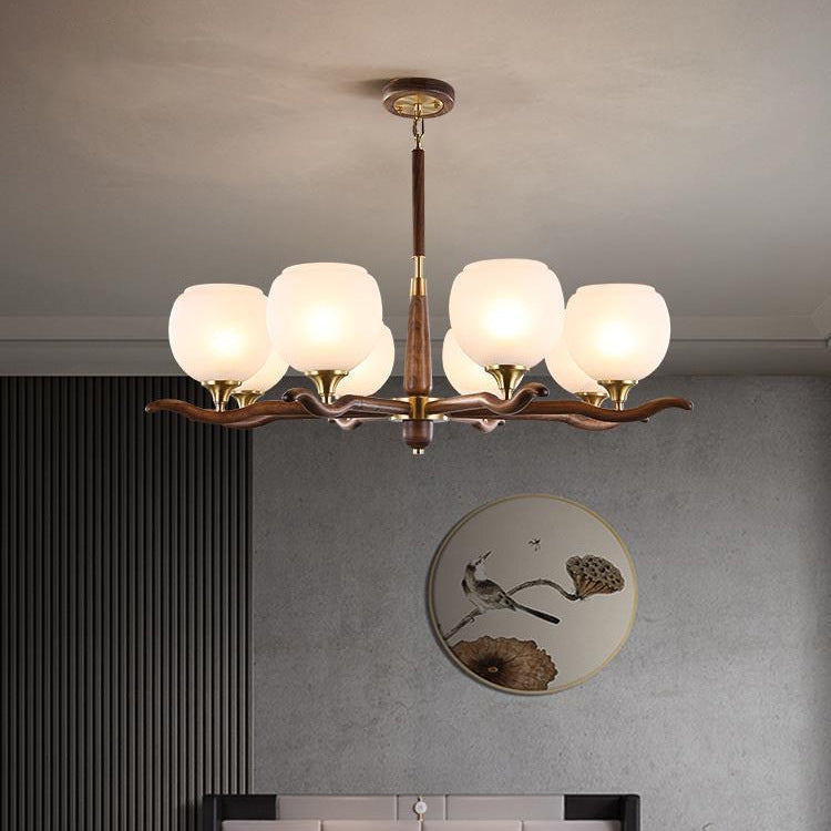 Traditional Chinese Sphere Copper Solid Wood Glass 6/8 Light Chandelier For Living Room