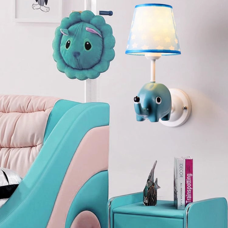 Contemporary Creative Kids Cartoon Frustum Cone Iron Resin Fabric 1-Light Wall Sconce Lamp For Bedroom