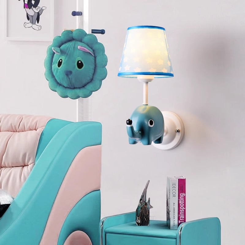 Contemporary Creative Kids Cartoon Frustum Cone Iron Resin Fabric 1-Light Wall Sconce Lamp For Bedroom
