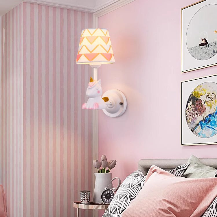 Contemporary Creative Kids Cartoon Frustum Cone Iron Resin Fabric 1-Light Wall Sconce Lamp For Bedroom