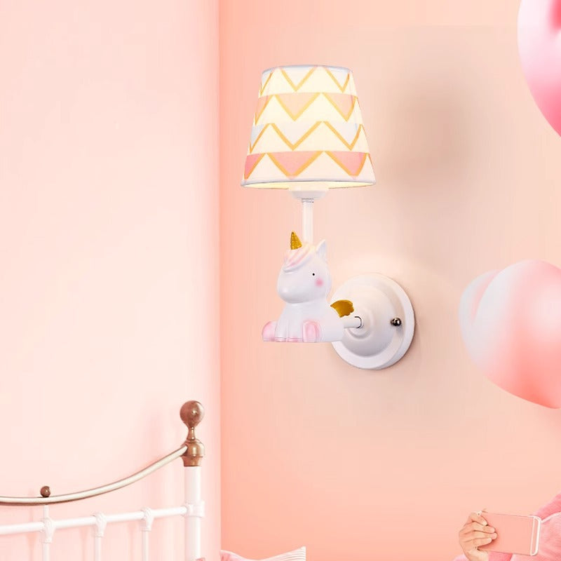 Contemporary Creative Kids Cartoon Frustum Cone Iron Resin Fabric 1-Light Wall Sconce Lamp For Bedroom